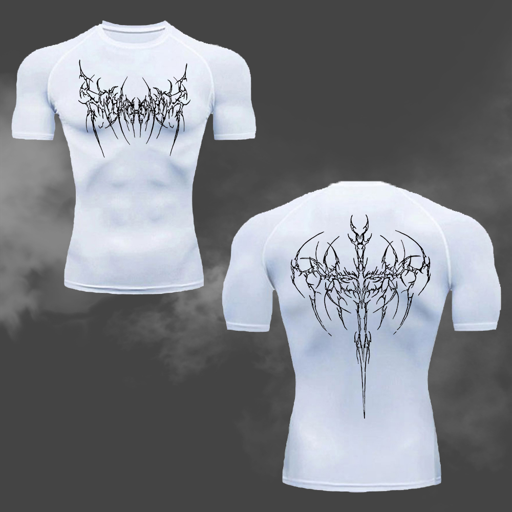 Cycling Commute Training - Herren-Kompressions-T-Shirt mit Gothic-Line-Print, schnell trocknendes Kurzarm-Sommer-Top