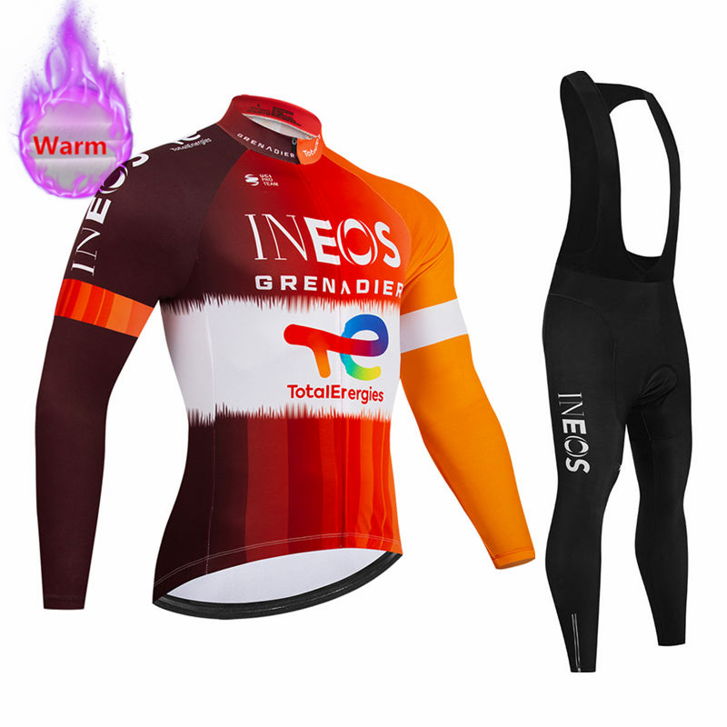 Cycling Community - Ineos Team Winter Langarm-Thermo-Fleece-Radtrikot-Set mit Trägerhose